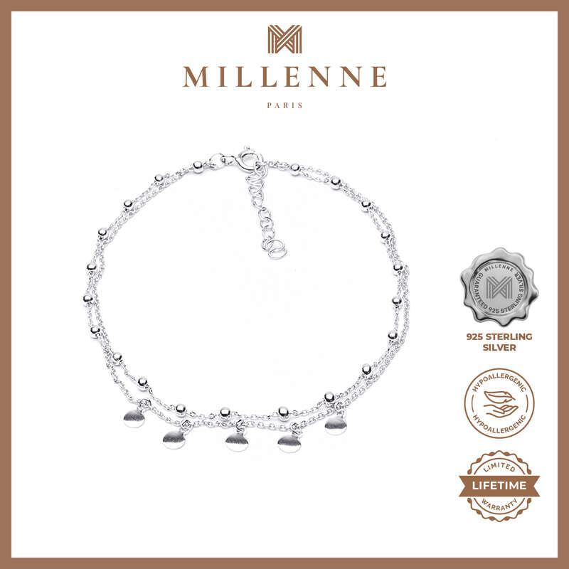 MILLENNE Millennia 2000 Layered Featuring Ball and Circle Dangle Charms Silver Anklet with 925 Sterling Silver