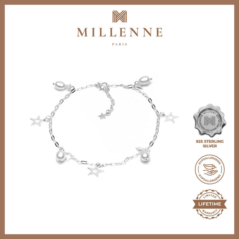 MILLENNE Millennia 2000 Freshwater Pearls Beaded with Star Silver Anklet with 925 Sterling Silver