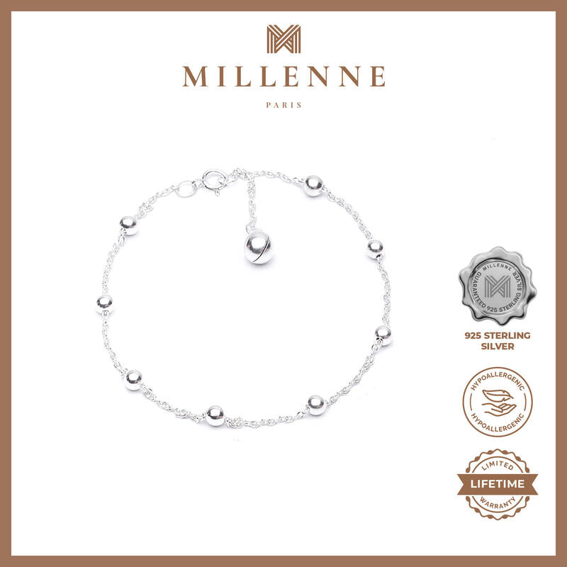 MILLENNE Minimal Ball and Bell Silver Anklet with 925 Sterling Silver
