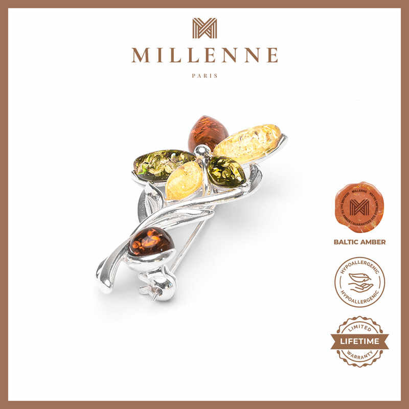 MILLENNE Multifaceted Baltic Amber Fresh Flower Silver Brooch with 925 Sterling Silver