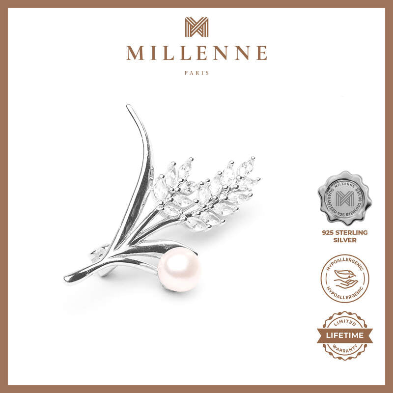 MILLENNE Made For The Night Freshwater Pearl Flower Cubic Zirconia Silver Brooch with 925 Sterling Silver