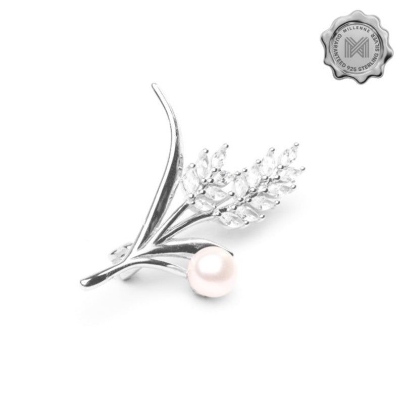 MILLENNE Made For The Night Freshwater Pearl Flower Cubic Zirconia Silver Brooch with 925 Sterling Silver