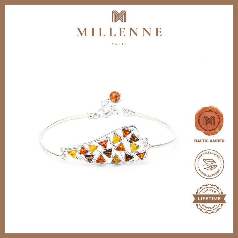 MILLENNE Multifaceted Baltic Amber Mulitple Studded Triangular Silver Bracelet with 925 Sterling Silver