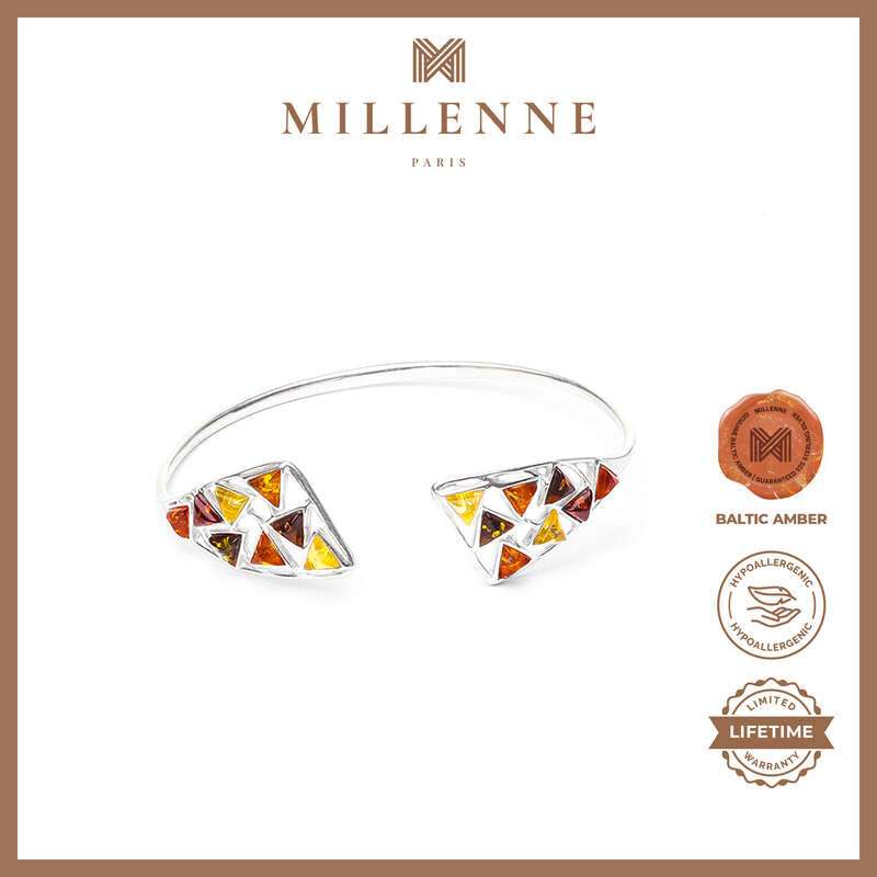 MILLENNE Multifaceted Baltic Amber Mulitple Studded Dual Triangle Open Silver Adjustable Bracelet with 925 Sterling Silver