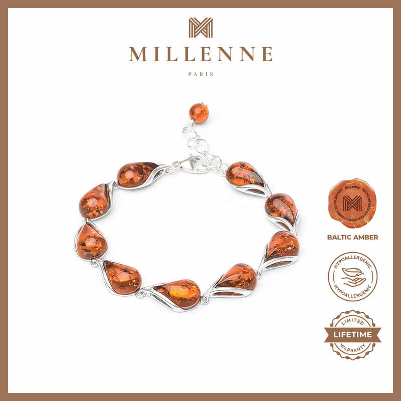 MILLENNE Multifaceted Baltic Amber Droplet Silver Bracelet with 925 Sterling Silver
