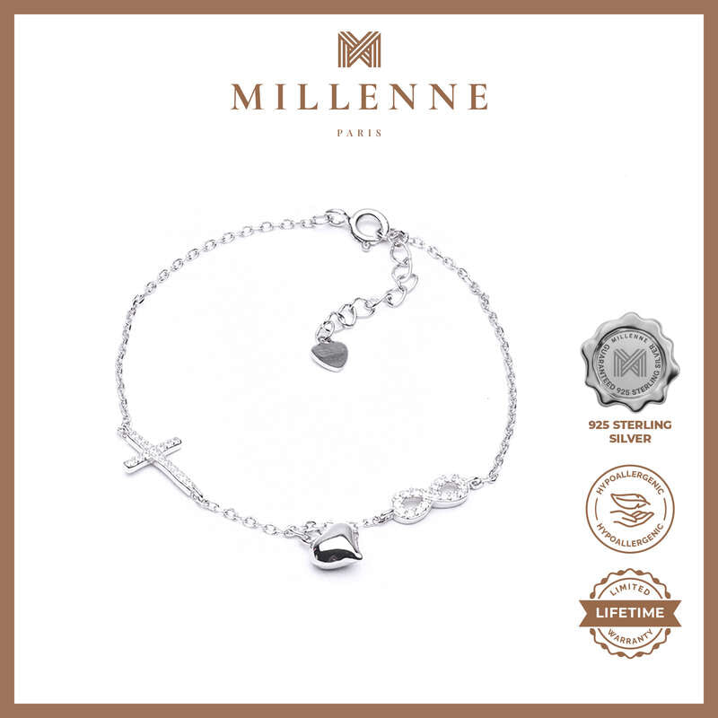 MILLENNE Millennia 2000 Cross and Heart Infinity Cubic Zirconia Silver Adjustable Bracelet with 925 Sterling Silver