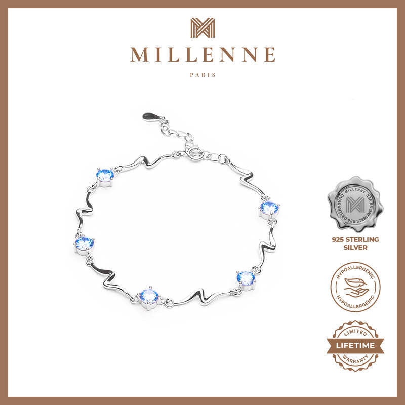 MILLENNE Multifaceted Blue Topaz ZigZag White Gold Bracelet with 925 Sterling Silver