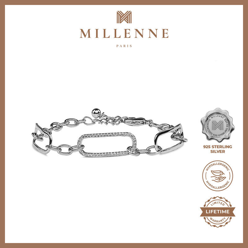 MILLENNE Made For The Night Rectangle Chain Loop Cubic Zirconia Rhodium Bracelet with 925 Sterling Silver