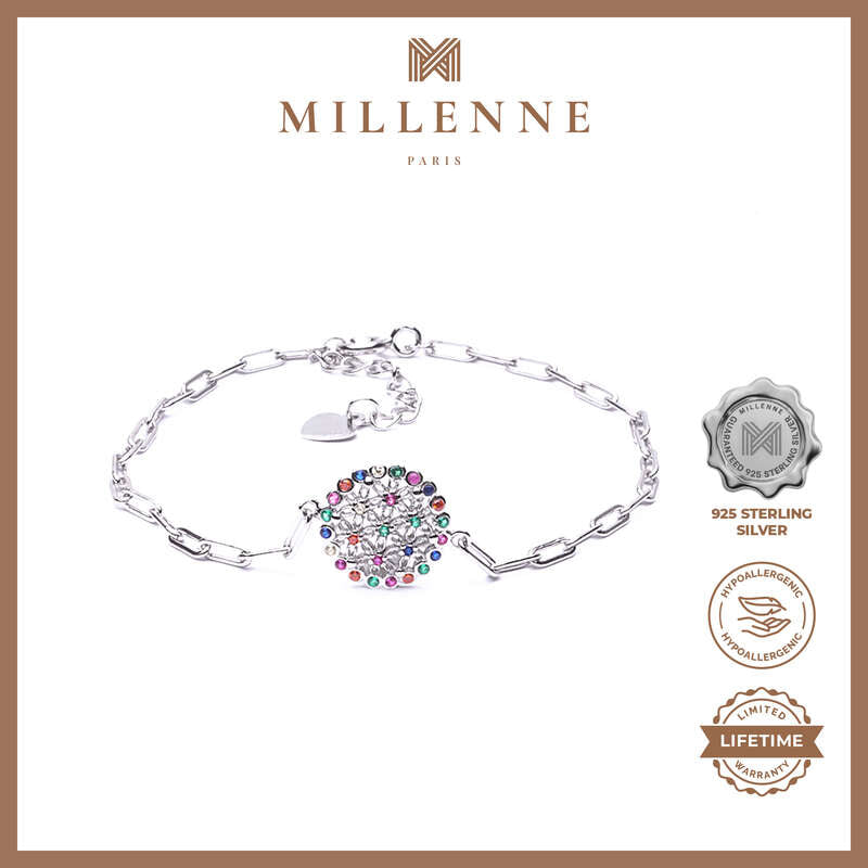 MILLENNE Multifaceted Disc Studded Multicolors Cubic Zirconia White Gold Bracelet with 925 Sterling Silver