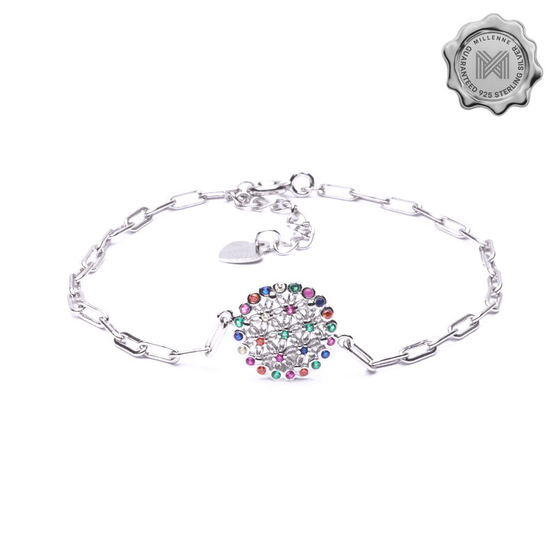 MILLENNE Multifaceted Disc Studded Multicolors Cubic Zirconia White Gold Bracelet with 925 Sterling Silver