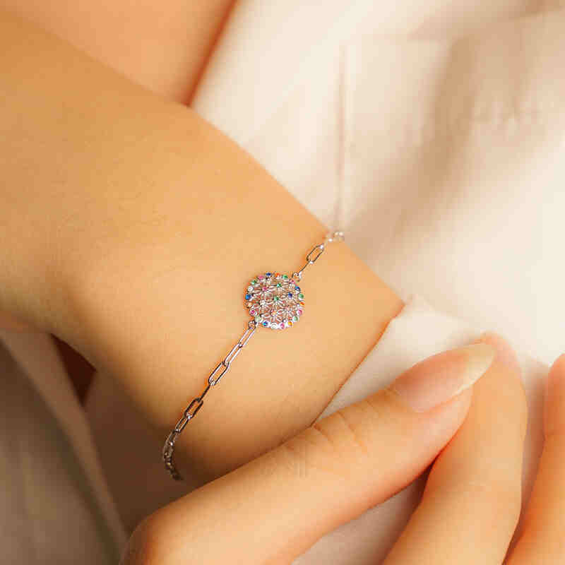 MILLENNE Multifaceted Disc Studded Multicolors Cubic Zirconia White Gold Bracelet with 925 Sterling Silver