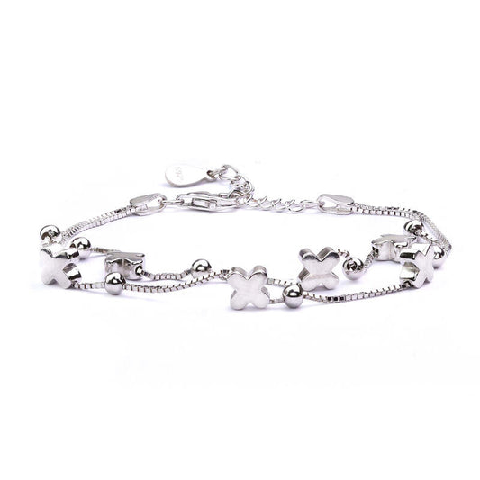 MILLENNE Millennia 2000 Clovers and Beads Double String White Gold Bracelet with 925 Sterling Silver