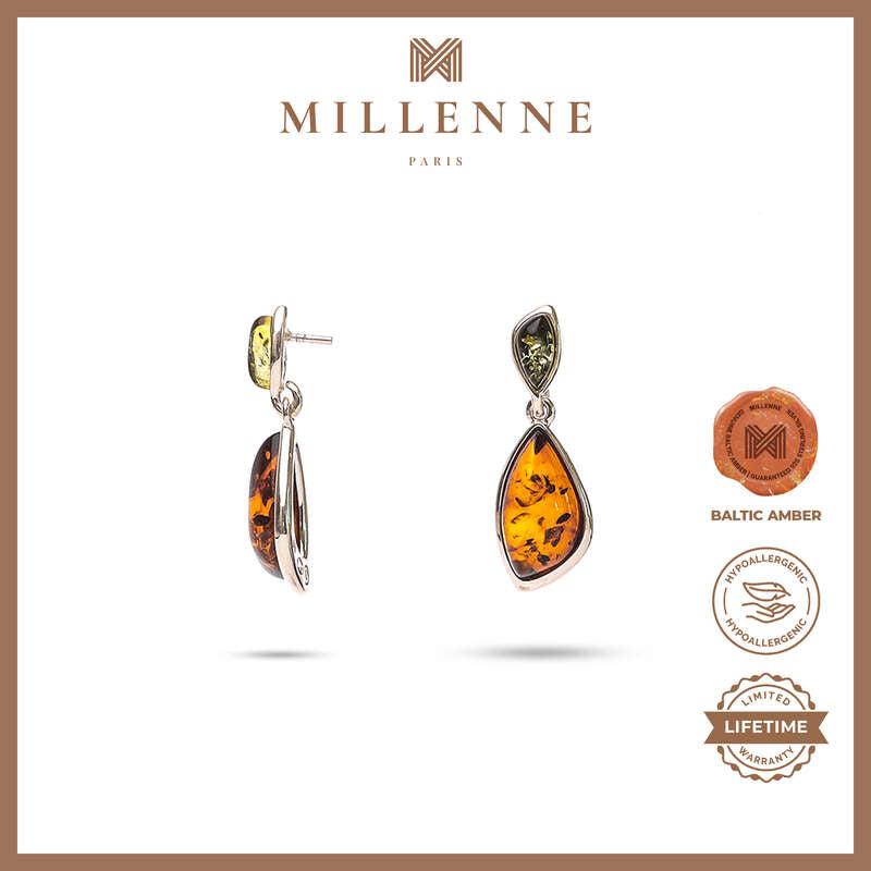 MILLENNE Multifaceted Baltic Amber Tear Drop Silver Drop Earrings with 925 Sterling Silver