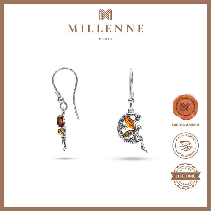 MILLENNE Multifaceted Baltic Amber Fairy Silver Hook Earrings with 925 Sterling Silver