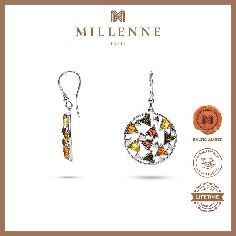 MILLENNE Multifaceted Baltic Amber Mulitple Studded Circular Silver Hook Earrings with 925 Sterling Silver