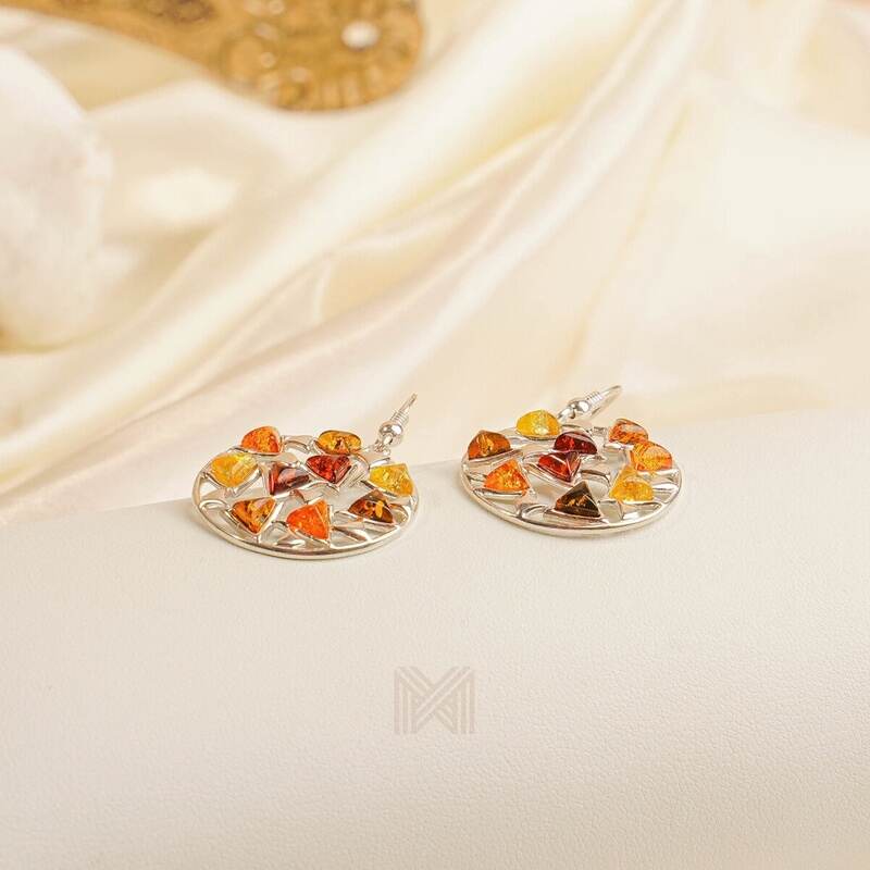 MILLENNE Multifaceted Baltic Amber Mulitple Studded Circular Silver Hook Earrings with 925 Sterling Silver