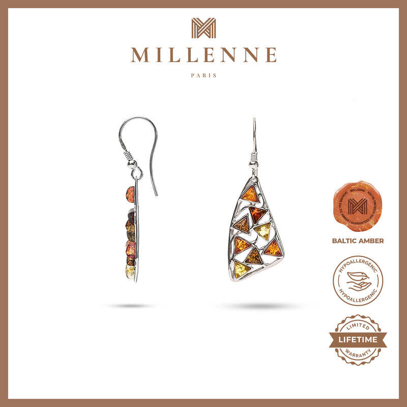 MILLENNE Multifaceted Baltic Amber Mulitple Studded Triangular Silver Hook Earrings with 925 Sterling Silver