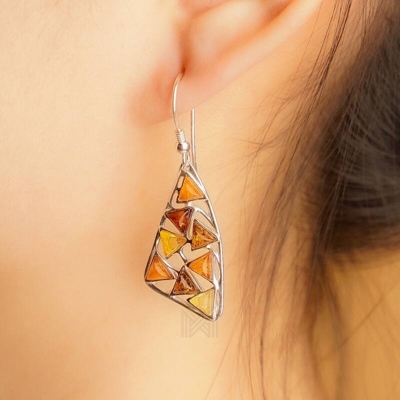MILLENNE Multifaceted Baltic Amber Mulitple Studded Triangular Silver Hook Earrings with 925 Sterling Silver