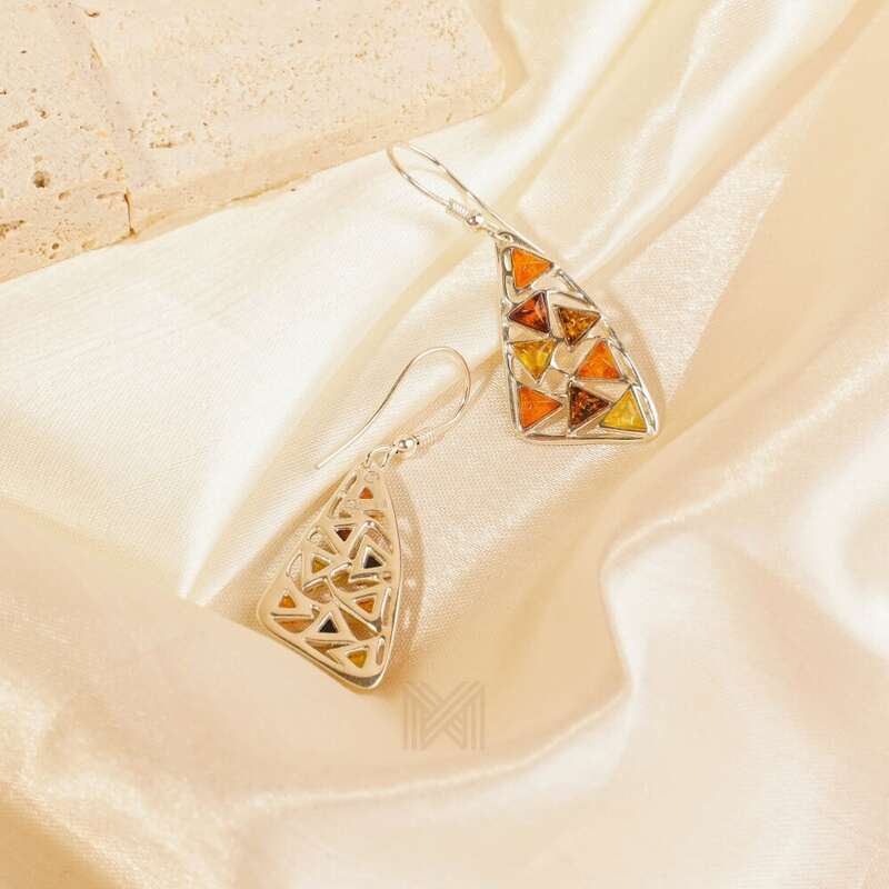 MILLENNE Multifaceted Baltic Amber Mulitple Studded Triangular Silver Hook Earrings with 925 Sterling Silver