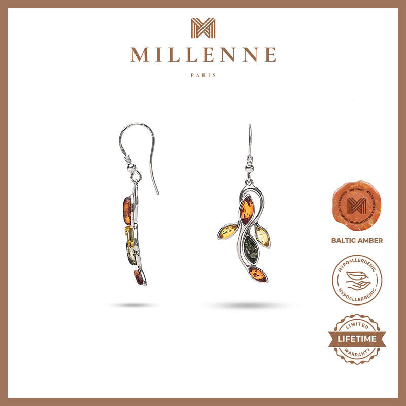 MILLENNE Multifaceted Baltic Amber Sea Creature Silver Hook Earrings with 925 Sterling Silver