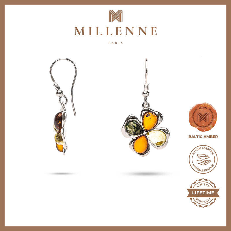 MILLENNE Multifaceted Baltic Amber 4 Leaf Clover Silver Hook Earrings with 925 Sterling Silver