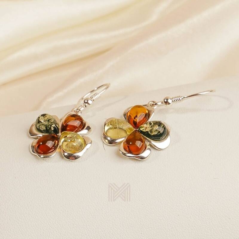 MILLENNE Multifaceted Baltic Amber 4 Leaf Clover Silver Hook Earrings with 925 Sterling Silver