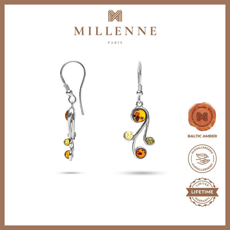 MILLENNE Multifaceted Baltic Amber Curvaceous Silver Dangle Earrings with 925 Sterling Silver