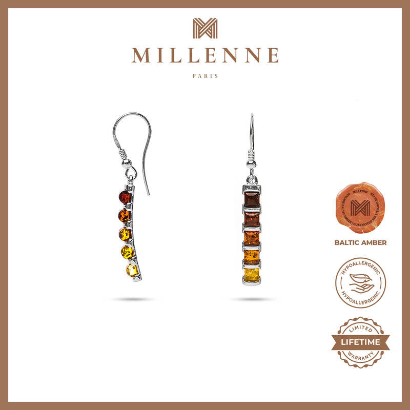 MILLENNE Multifaceted Baltic Amber Bamboo Silver Dangle Earrings with 925 Sterling Silver
