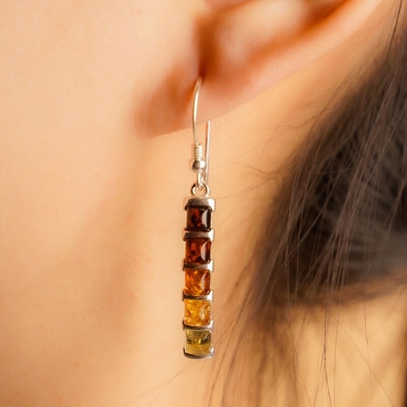 MILLENNE Multifaceted Baltic Amber Bamboo Silver Dangle Earrings with 925 Sterling Silver