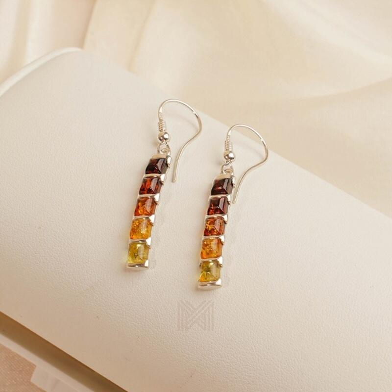 MILLENNE Multifaceted Baltic Amber Bamboo Silver Dangle Earrings with 925 Sterling Silver