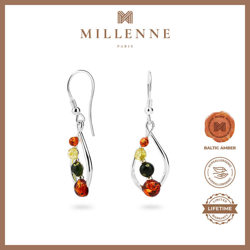 MILLENNE Multifaceted Baltic Amber Curved Oval Silver Teardrop Earrings with 925 Sterling Silver