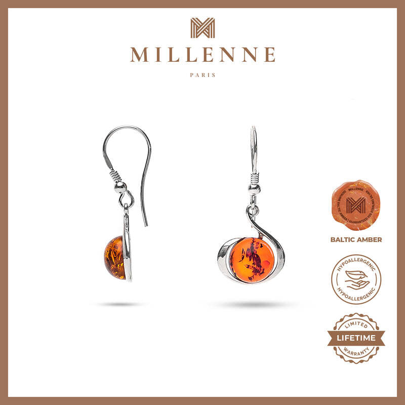 MILLENNE Multifaceted Baltic Amber Globe Disc Silver Hook Earrings with 925 Sterling Silver