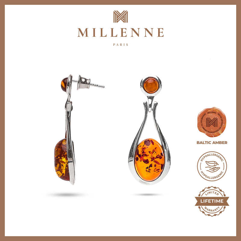 MILLENNE Multifaceted Baltic Amber Dew Drop Silver Teardrop Earrings with 925 Sterling Silver