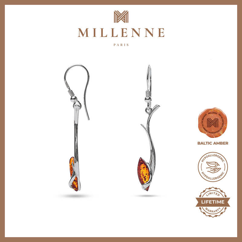 MILLENNE Multifaceted Baltic Amber Droplet Silver Hook Earrings with 925 Sterling Silver