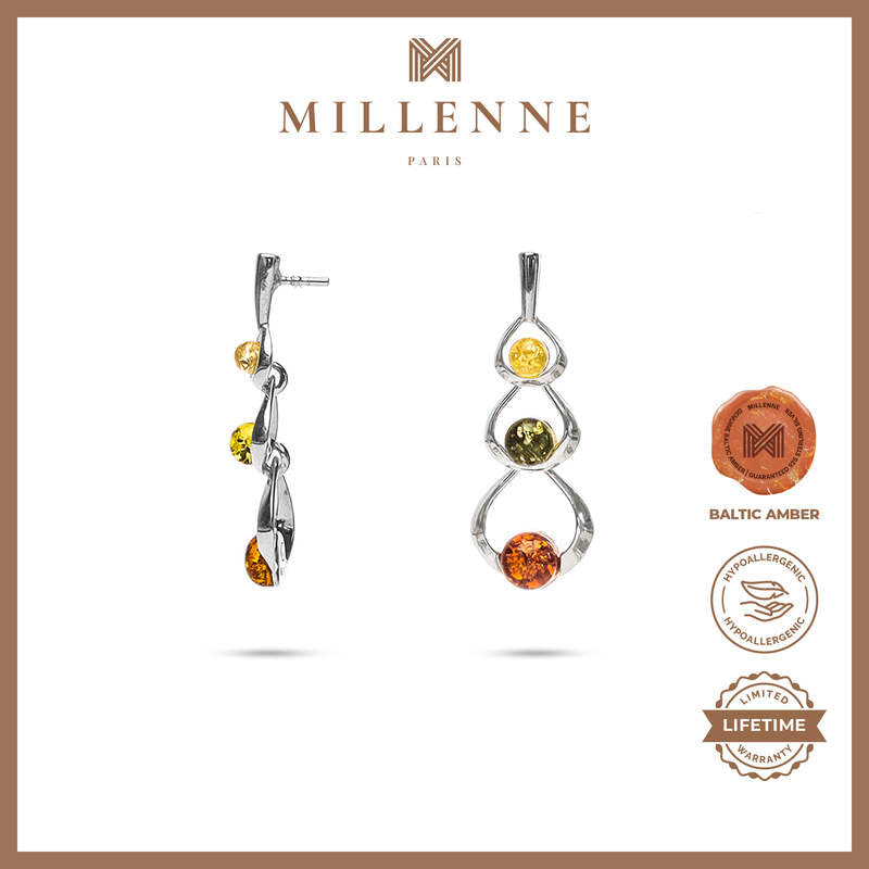 MILLENNE Multifaceted Baltic Amber Fairy God Mother Silver Earrings with 925 Sterling Silver