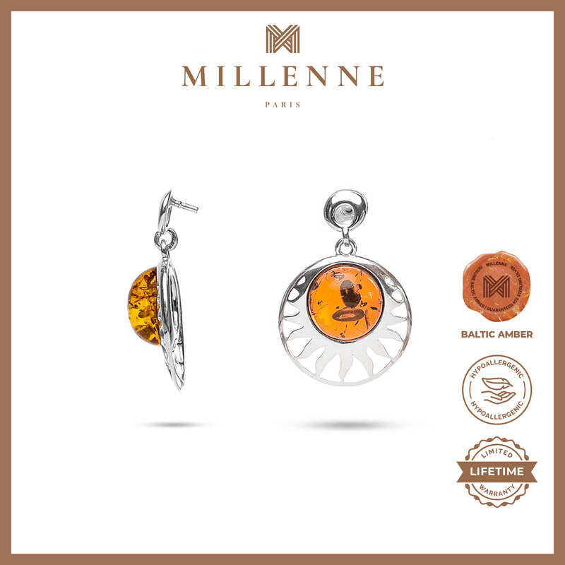 MILLENNE Multifaceted Baltic Amber Sun Silver Earrings with 925 Sterling Silver