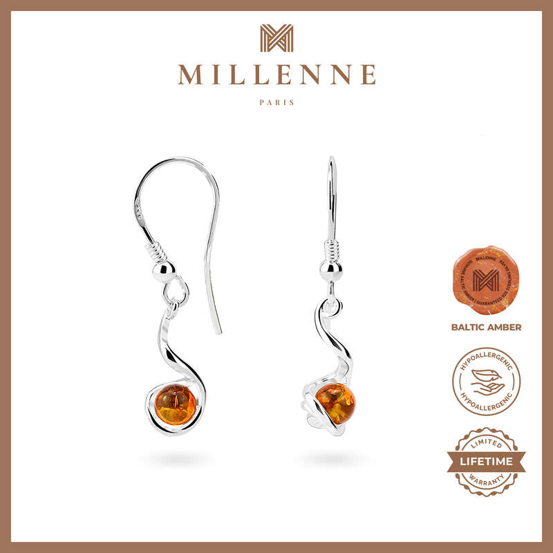 MILLENNE Multifaceted Baltic Amber Encapsuled Silver Earrings with 925 Sterling Silver