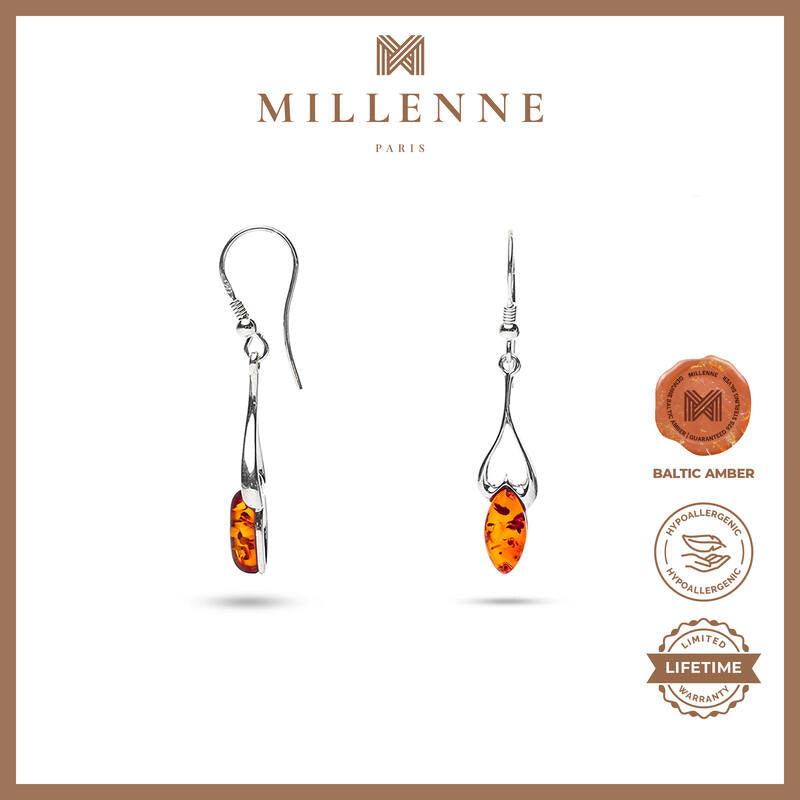 MILLENNE Multifaceted Baltic Amber Heart On Your Leaf Silver Earrings with 925 Sterling Silver