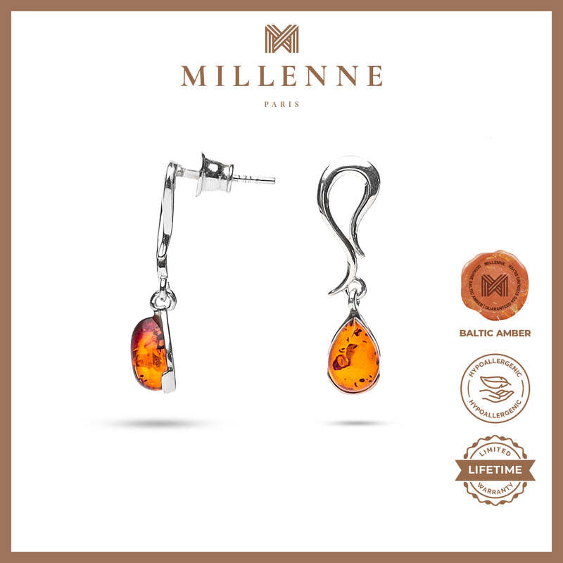 MILLENNE Multifaceted Baltic Amber Infinity Silver Earrings with 925 Sterling Silver