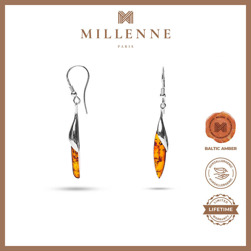 MILLENNE Multifaceted Baltic Amber Mystique Drop Silver Hook Earrings with 925 Sterling Silver