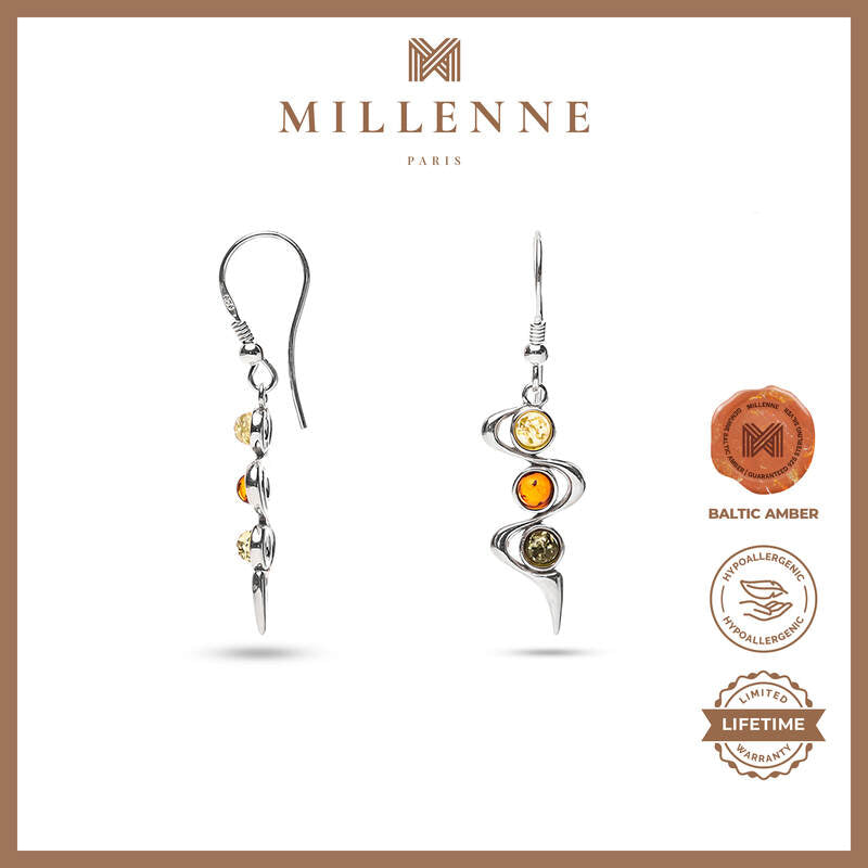 MILLENNE Multifaceted Baltic Amber Ribbon Silver Dangle Earrings with 925 Sterling Silver