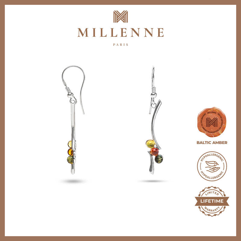 MILLENNE Multifaceted Baltic Amber Three Stones Silver Hook Earrings with 925 Sterling Silver