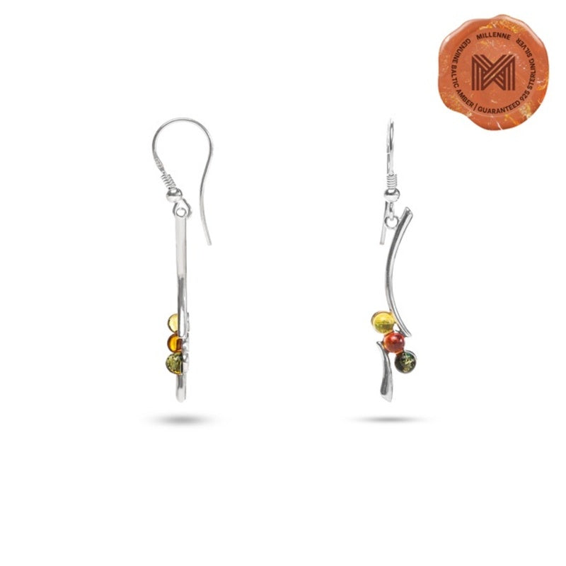 MILLENNE Multifaceted Baltic Amber Three Stones Silver Hook Earrings with 925 Sterling Silver