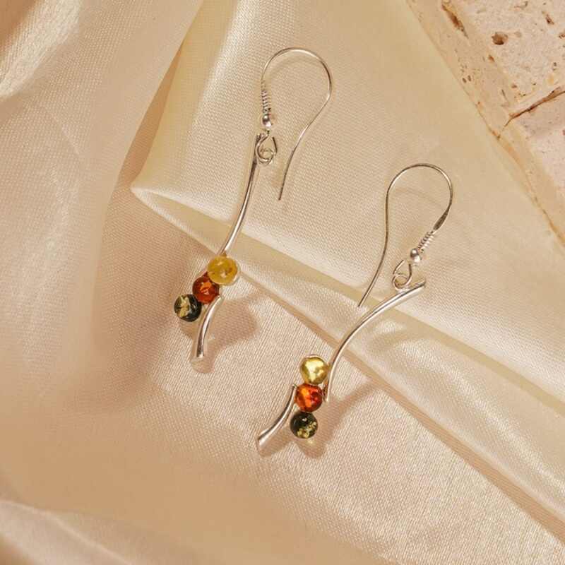 MILLENNE Multifaceted Baltic Amber Three Stones Silver Hook Earrings with 925 Sterling Silver