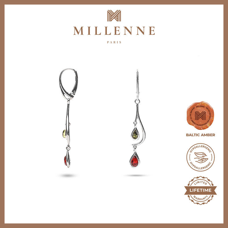 MILLENNE Multifaceted Baltic Amber Two Stone Hanging Silver Earrings with 925 Sterling Silver