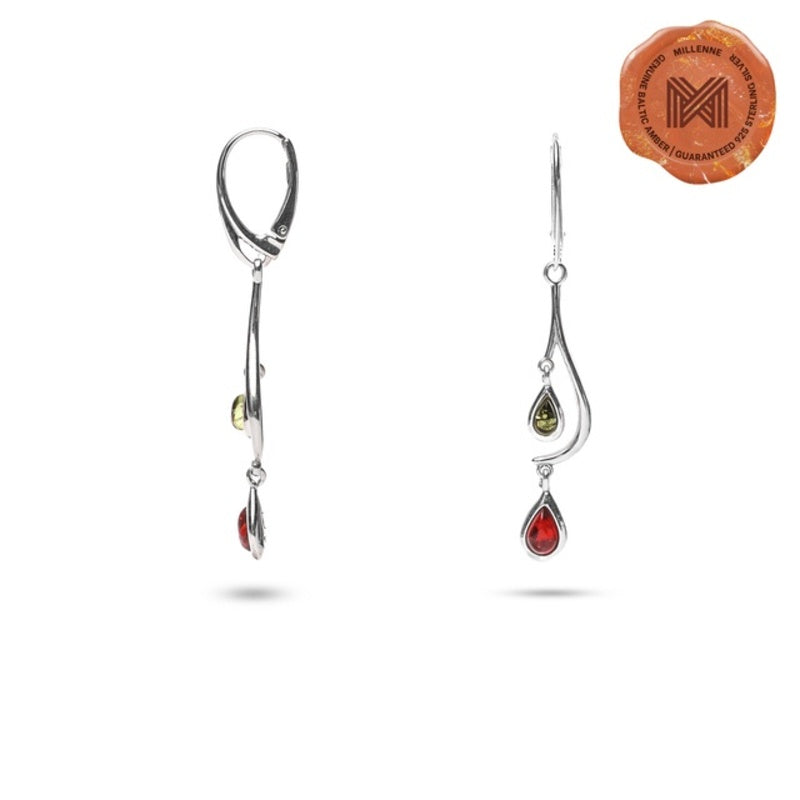MILLENNE Multifaceted Baltic Amber Two Stone Hanging Silver Earrings with 925 Sterling Silver
