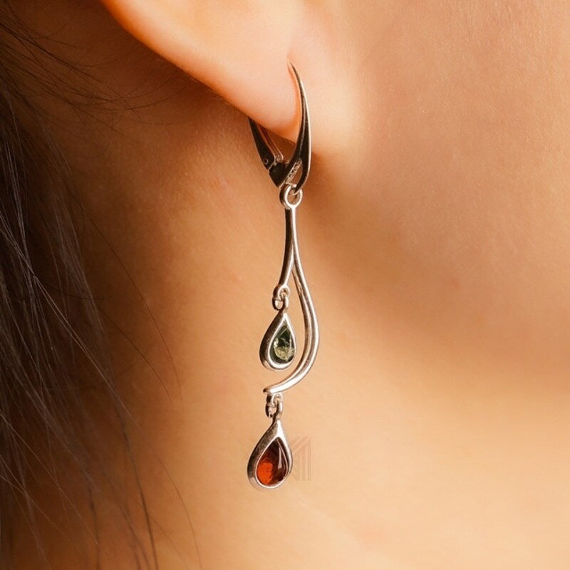 MILLENNE Multifaceted Baltic Amber Two Stone Hanging Silver Earrings with 925 Sterling Silver