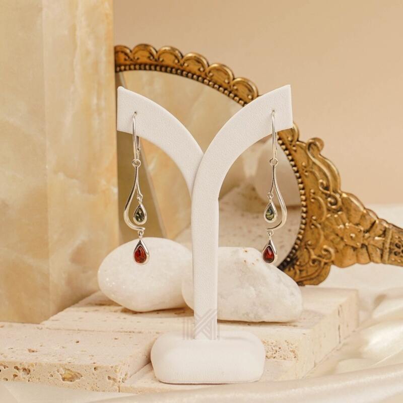 MILLENNE Multifaceted Baltic Amber Two Stone Hanging Silver Earrings with 925 Sterling Silver