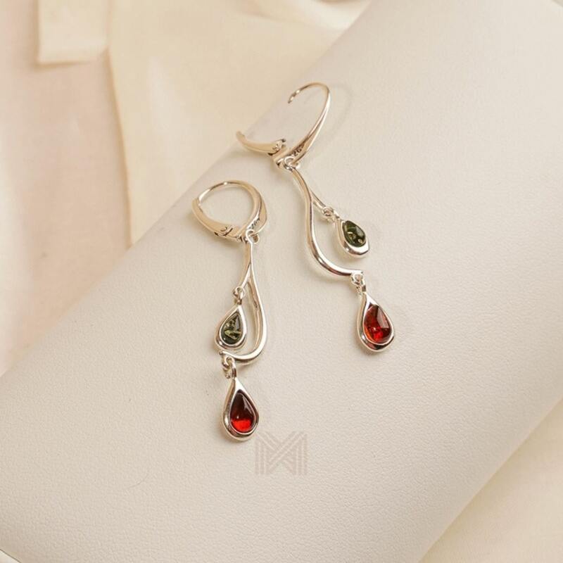 MILLENNE Multifaceted Baltic Amber Two Stone Hanging Silver Earrings with 925 Sterling Silver