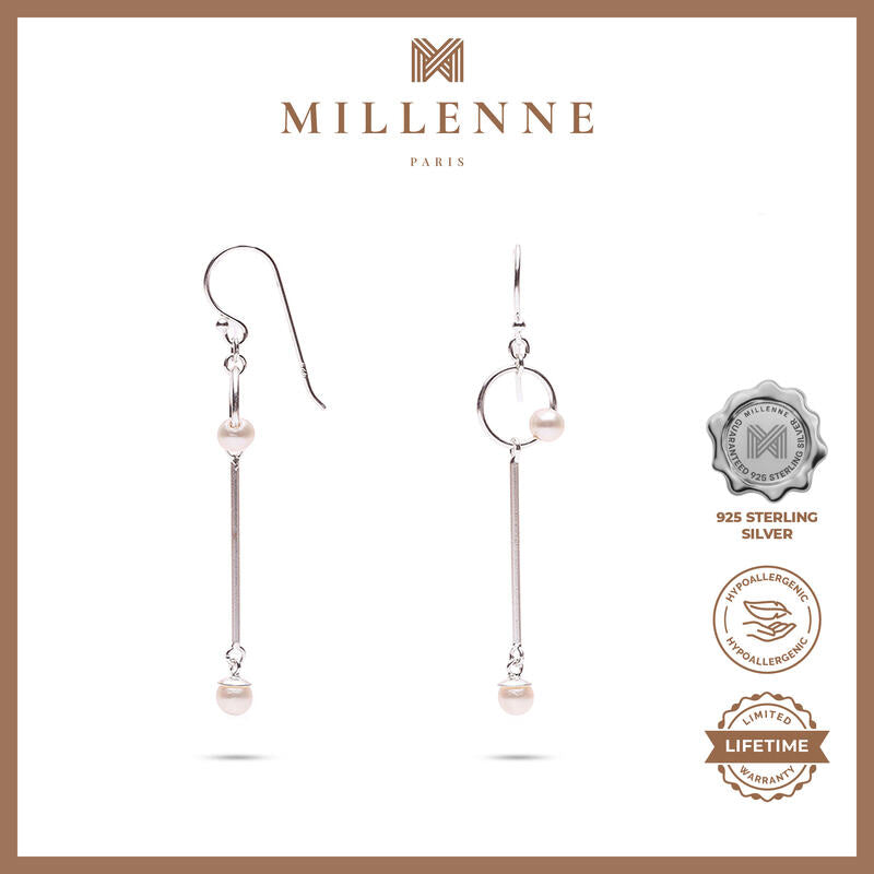 MILLENNE Millennia 2000 Freshwater Pearls Circle and Beaded Silver Dangle Earrings with 925 Sterling Silver